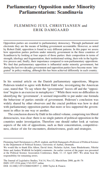 Parliamentary Opposition Under Minority Parliamentarism: Scandinavia