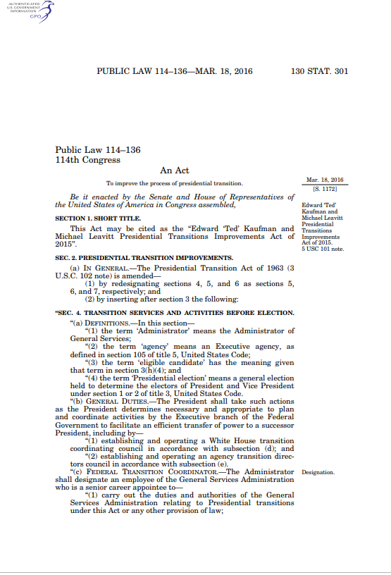 Presidential Transitions Improvements Act of 2015