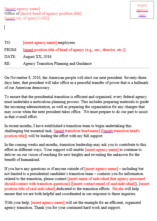 Transition 101 Memo for Agency Transition Directors