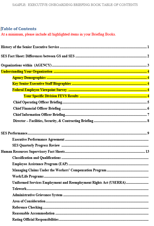 Agency Briefing Book Sample Table of Contents