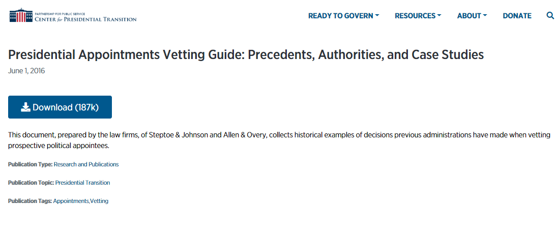 Presidential Appointments Vetting Guide: Precedents, Authorities, and Case Studies
