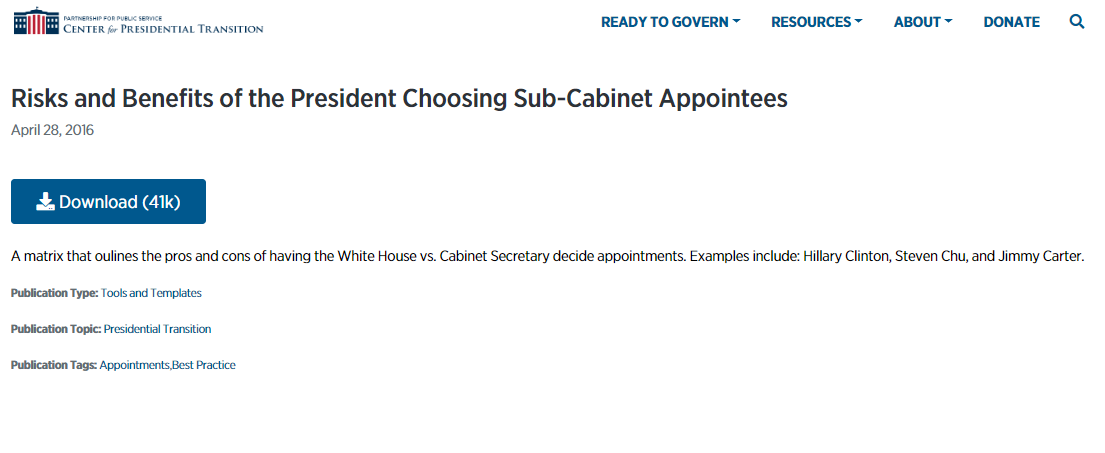 Risks and Benefits of the President Choosing Sub-Cabinet Appointees