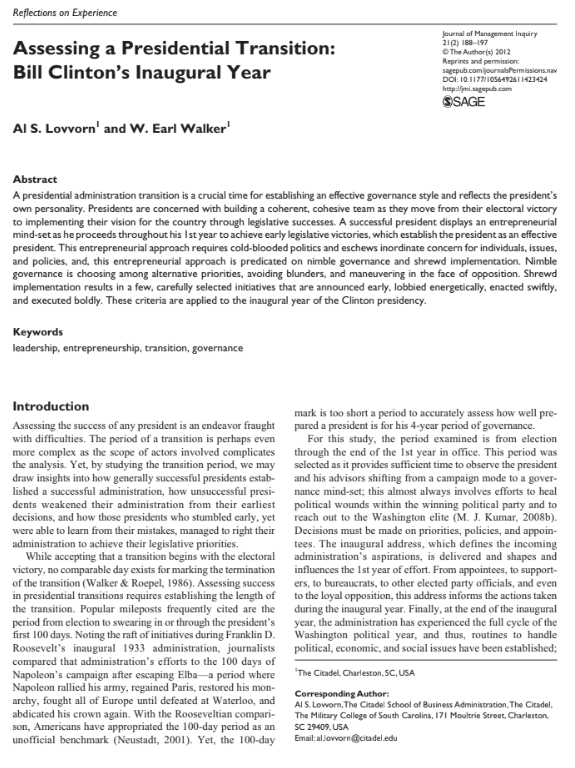 Assessing a Presidential Transition - Bill Clinton’s Inaugural Year