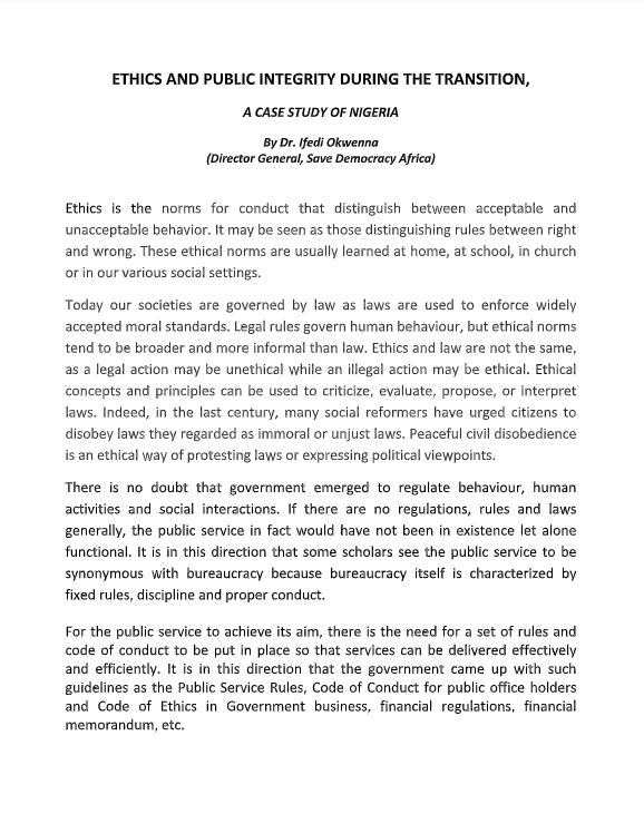 Ethics and Public Integrity During the Transition: A Case Study of Nigeria