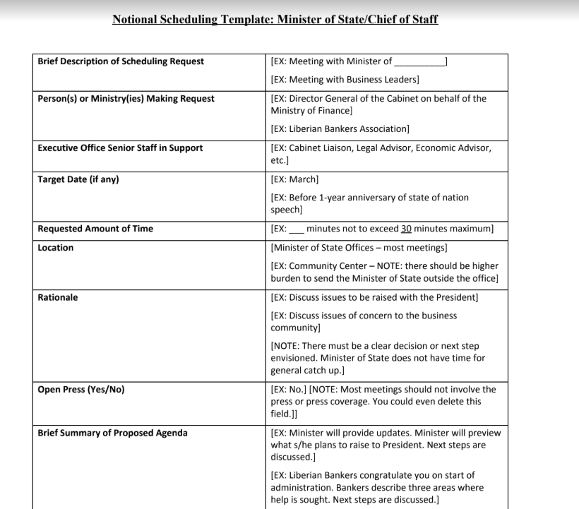 Notional Scheduling Template for Chief of Staff
