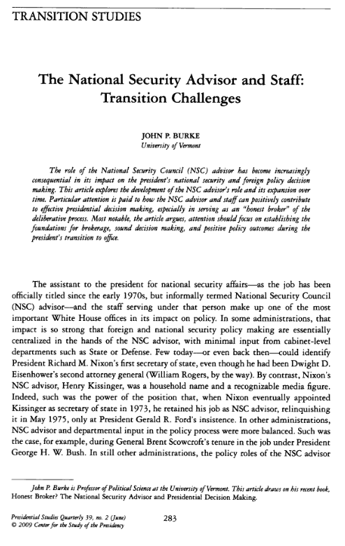 The National Security Advisor and Staff: Transition Challenges