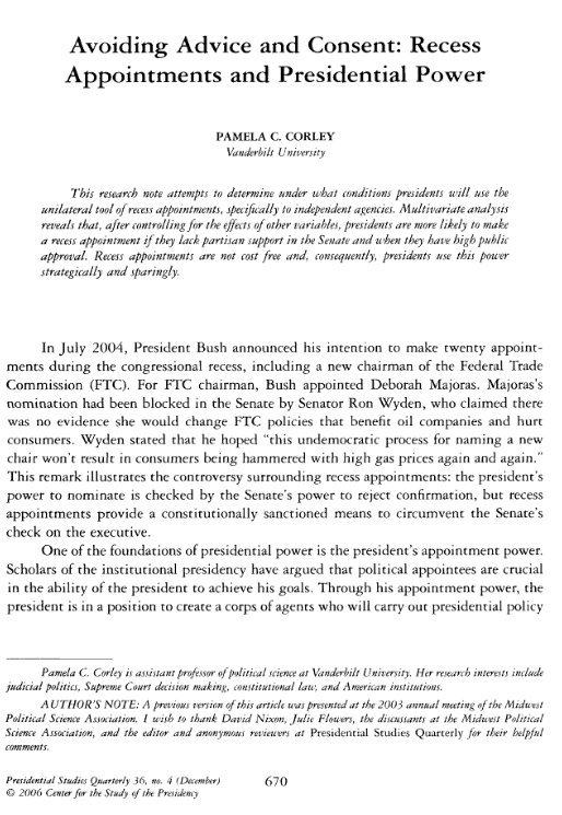 Avoiding Advice and Consent: Recess Appointments and Presidential Power