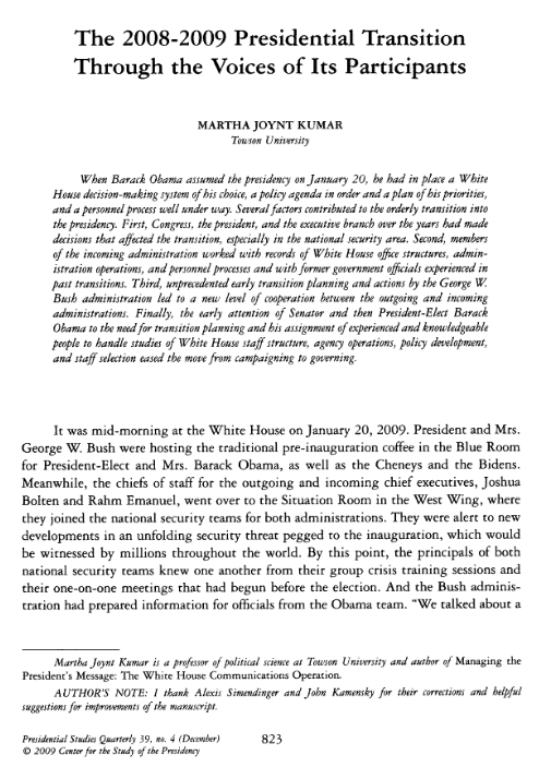 The 2008 – 2009 Presidential Transition Through the Voices of Its Participants