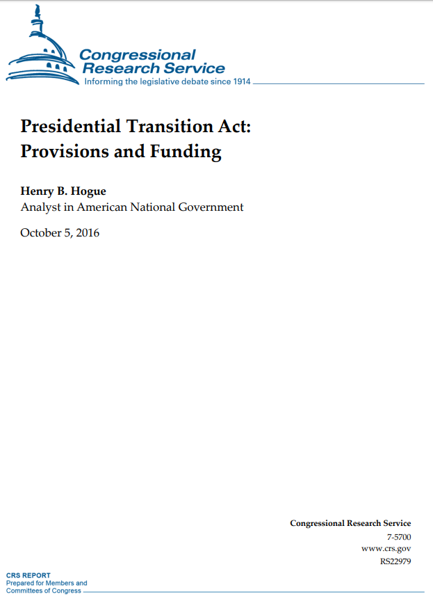 Presidential Transition Act: Provisions and Funding (2016 edition)