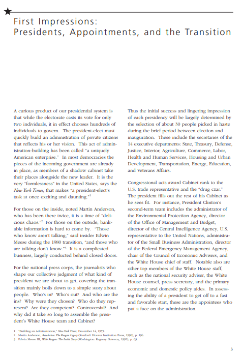 First Impressions: Presidents, Appointments, and the Transition.” In Innocent Until Nominated: The Breakdown of the Presidential Appointments Process, edited by G. Calvin Mackenzie