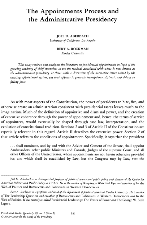 The Appointments Process and the Administrative Presidency