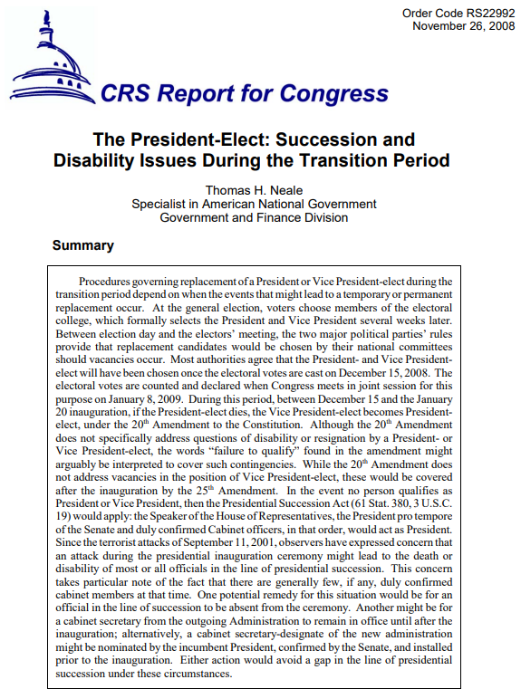 The President-Elect: Succession and Disability Issues During the Transition Period