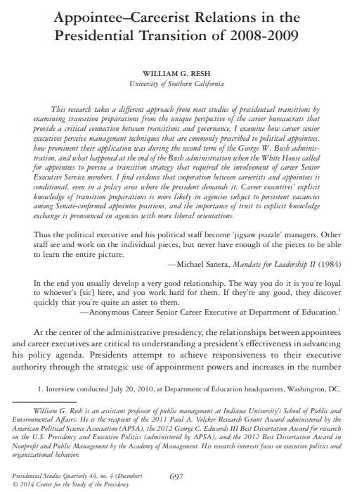 Appointee-Careerist Relations in the Presidential Transition of 2008- 2009