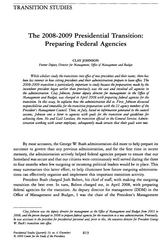 The 2008-2009 Presidential Transition: Preparing Federal Agencies