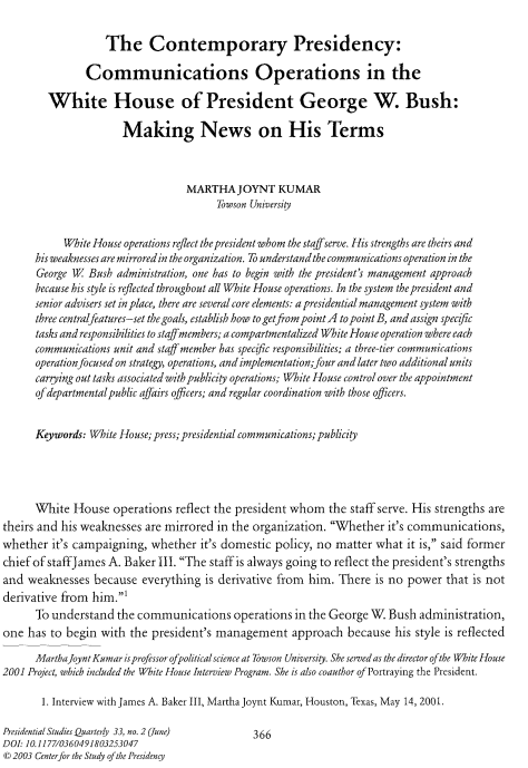 The Contemporary Presidency: Communications Operations in the White House of President George W. Bush: Making News on His Terms