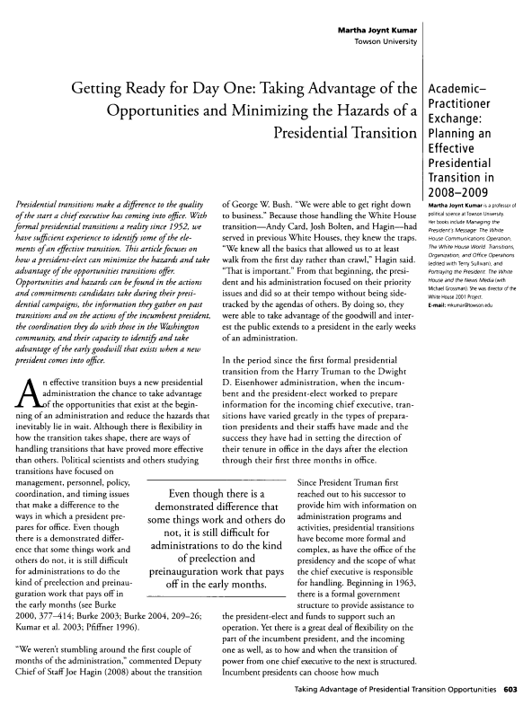 Getting Ready for Day One: Taking Advantage of the Opportunities and Minimizing the Hazards of a Presidential Transition