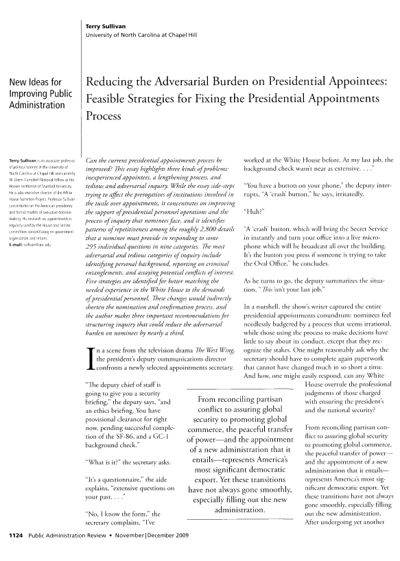Reducing the Adversarial Burden on Presidential Appointees: Feasible Strategies for Fixing the Presidential Appointments Process