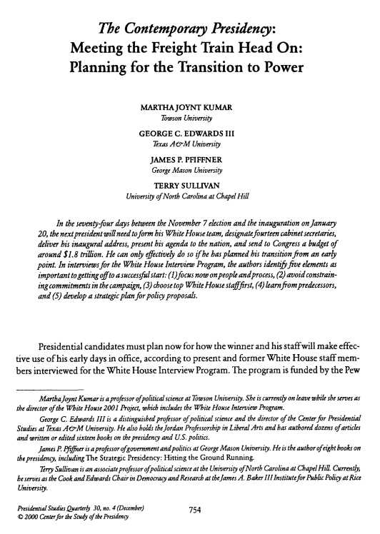 The Contemporary Presidency: Meeting the Freight Train Head On: Planning for the Transition to Power