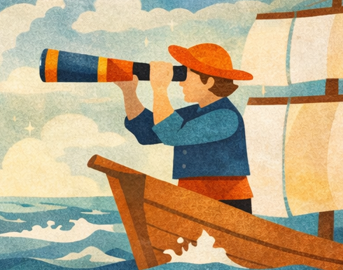 Explorer looking through a telescope on a ship