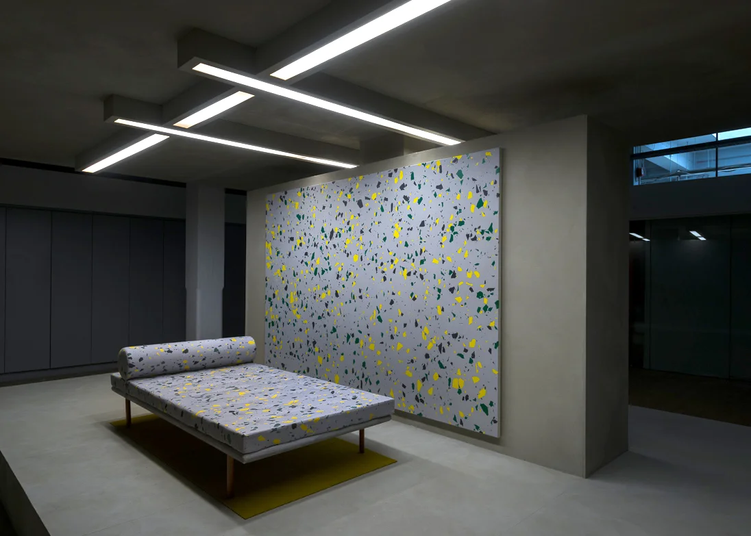 Pavilion, 2014 Faux concrete render, wood, acrylic on canvas, replica Mies Van Der Rohe daybed, Perspex, fluorescent lights 600 x 400 x 260 cm