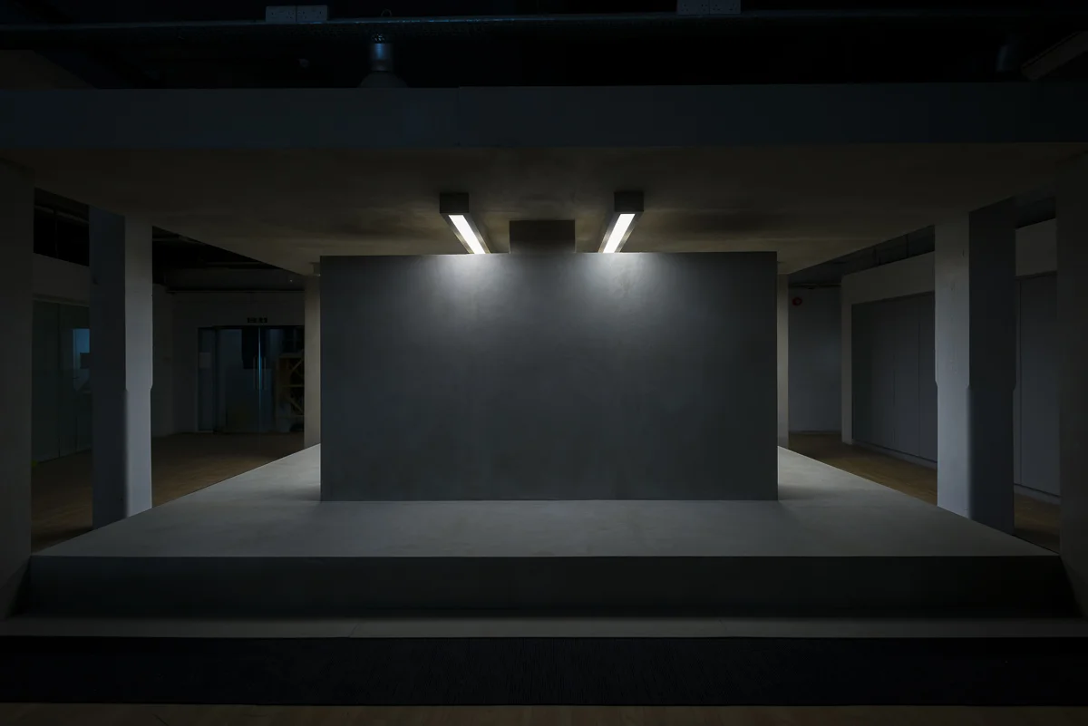 Pavilion, 2014 Faux concrete render, wood, acrylic on canvas, replica Mies Van Der Rohe daybed, Perspex, fluorescent lights 600 x 400 x 260 cm