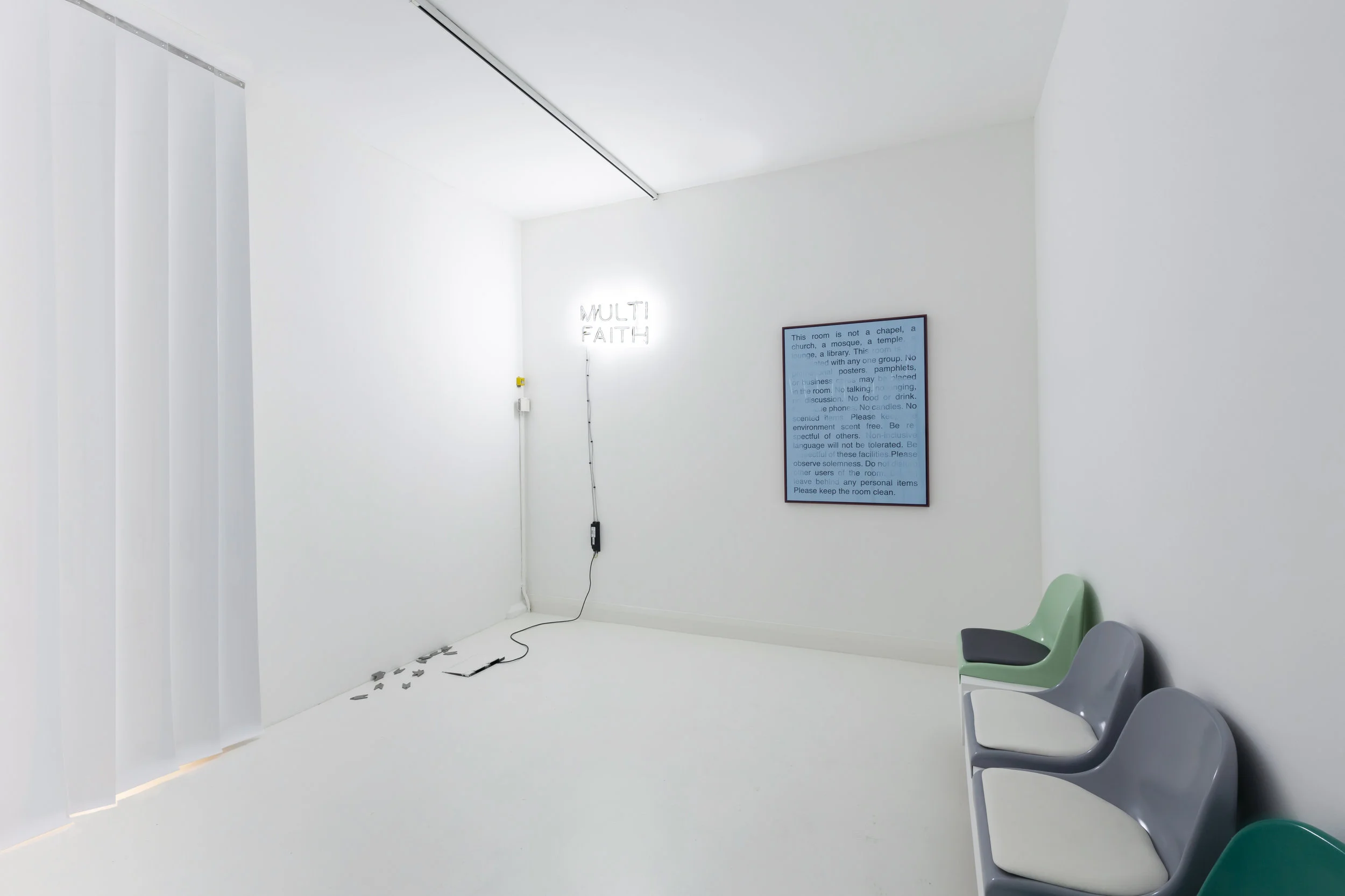 MULTIFAITH (Service Station), 2018 Polyurethane chairs, leatherette, neon light, perspex, c-type print Dimensions variable