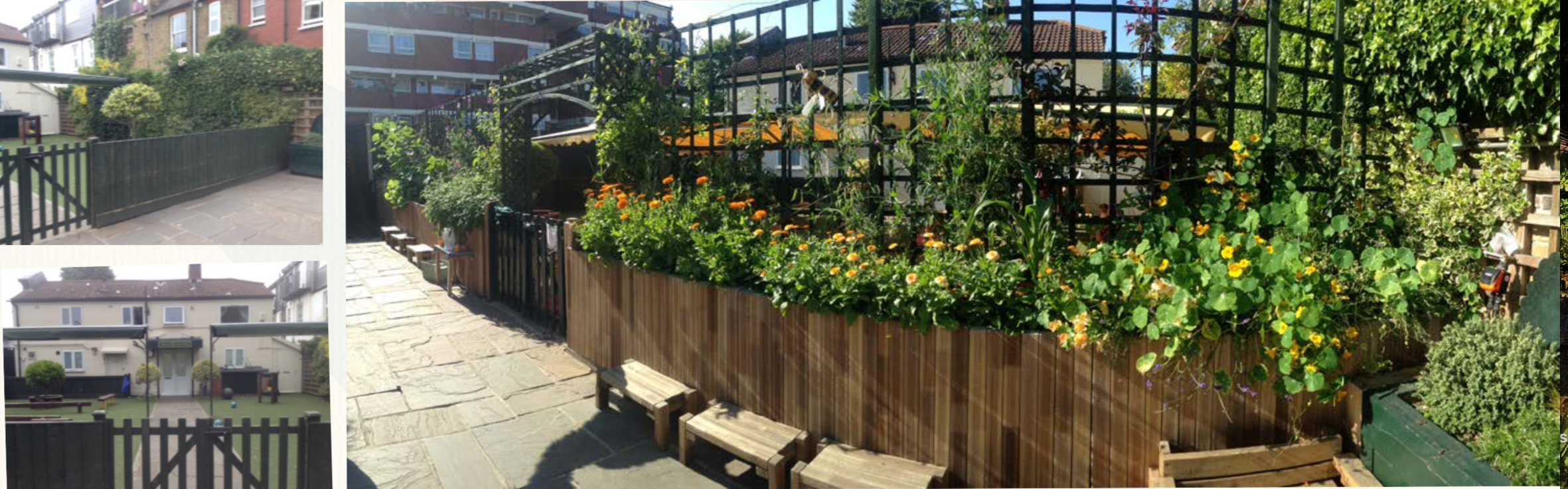 SHEPHERDS BUSH MONTESORRI NURSERY - SCHOOL GARDEN CREATION, Before (left) and after (right)