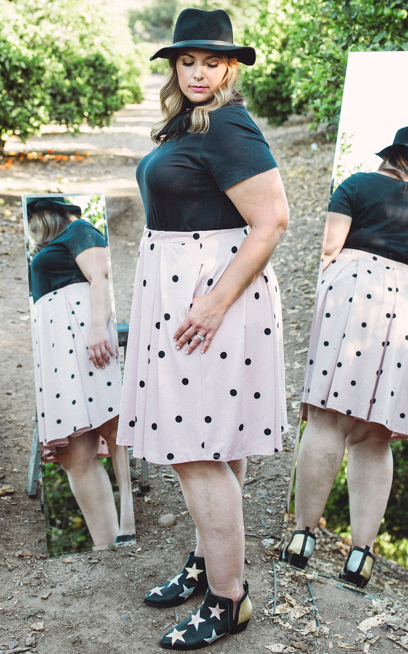 LuLaRoe-Madison-Mid-Length-Skater-Skirt-With-Pockets-blush-pink-and-black-polka-dots.jpg