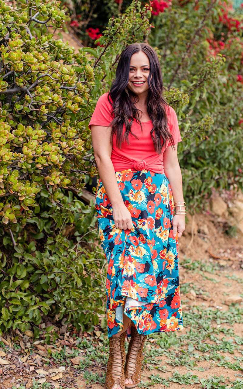 Women's LuLaRoe Green Orange Brown Floral Maxi Skirt In LARGE NWT 