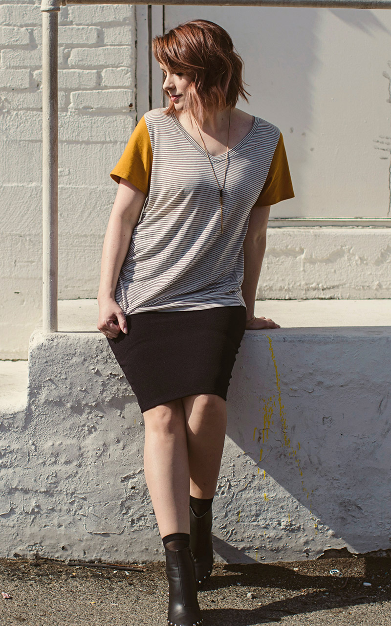 LuLaRoe-Christy-T-shirt-V-neck-black-and-white-stripes-yellow-sleeve.jpg