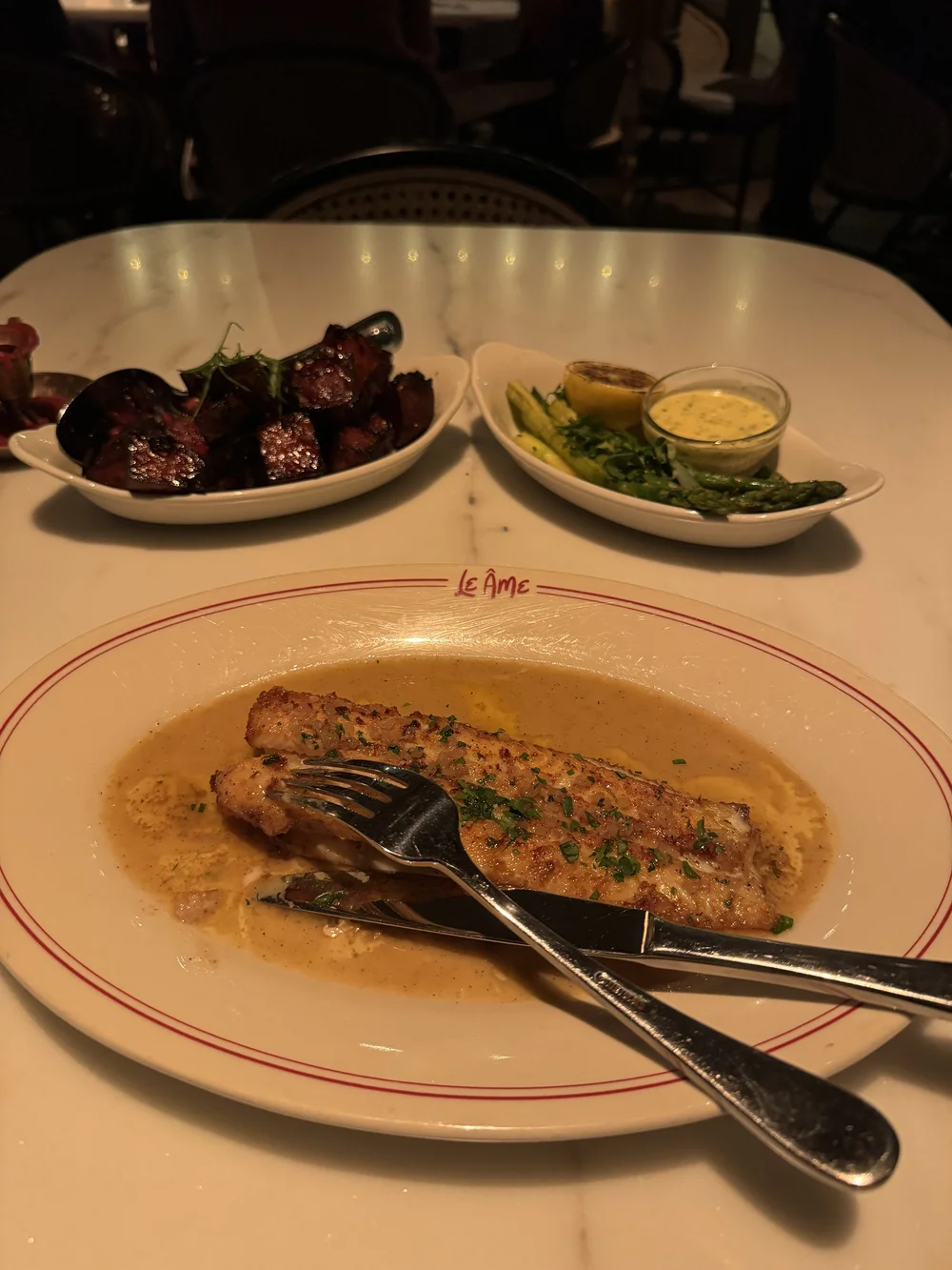 Sole Meuniere, Roasted Sweet Potato, Grilled Asparagus