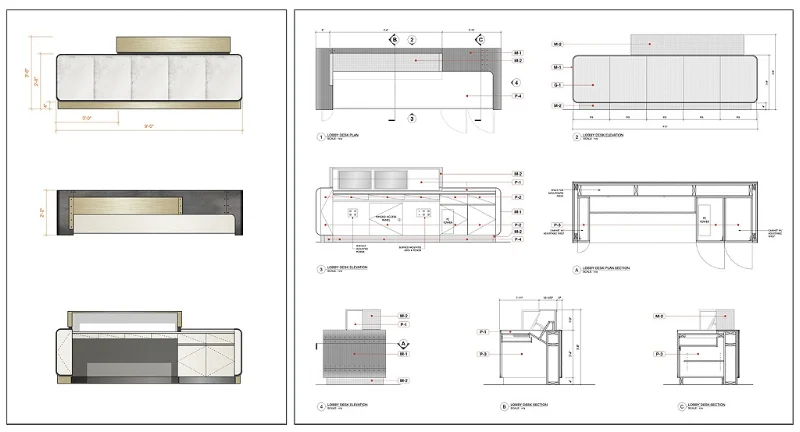 Lobby desk:  design elevations, construction document