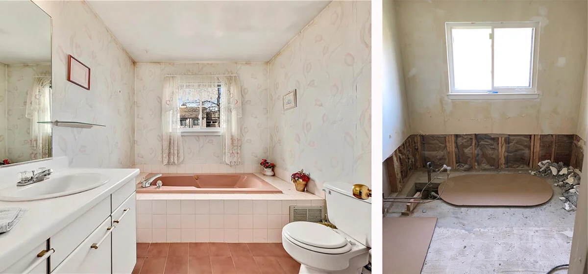 Master Bathroom: before, and during construction