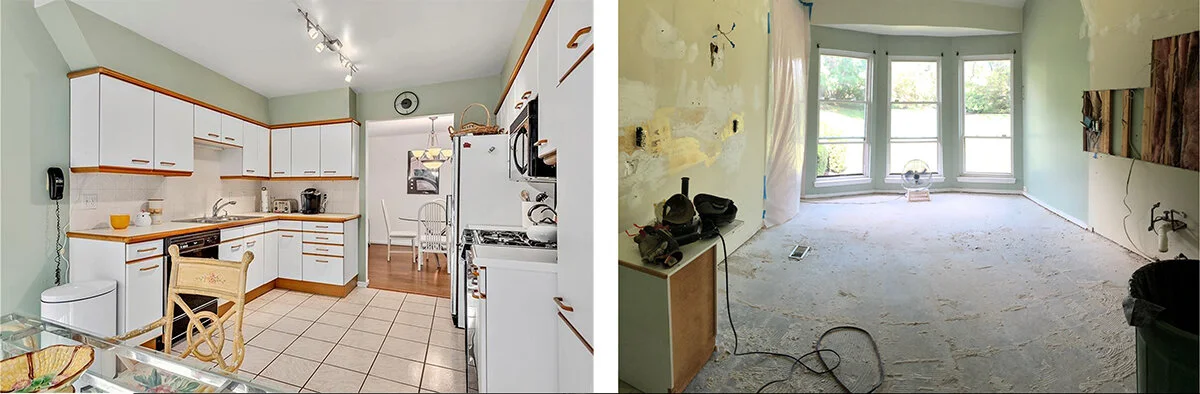 Kitchen: before, and during construction