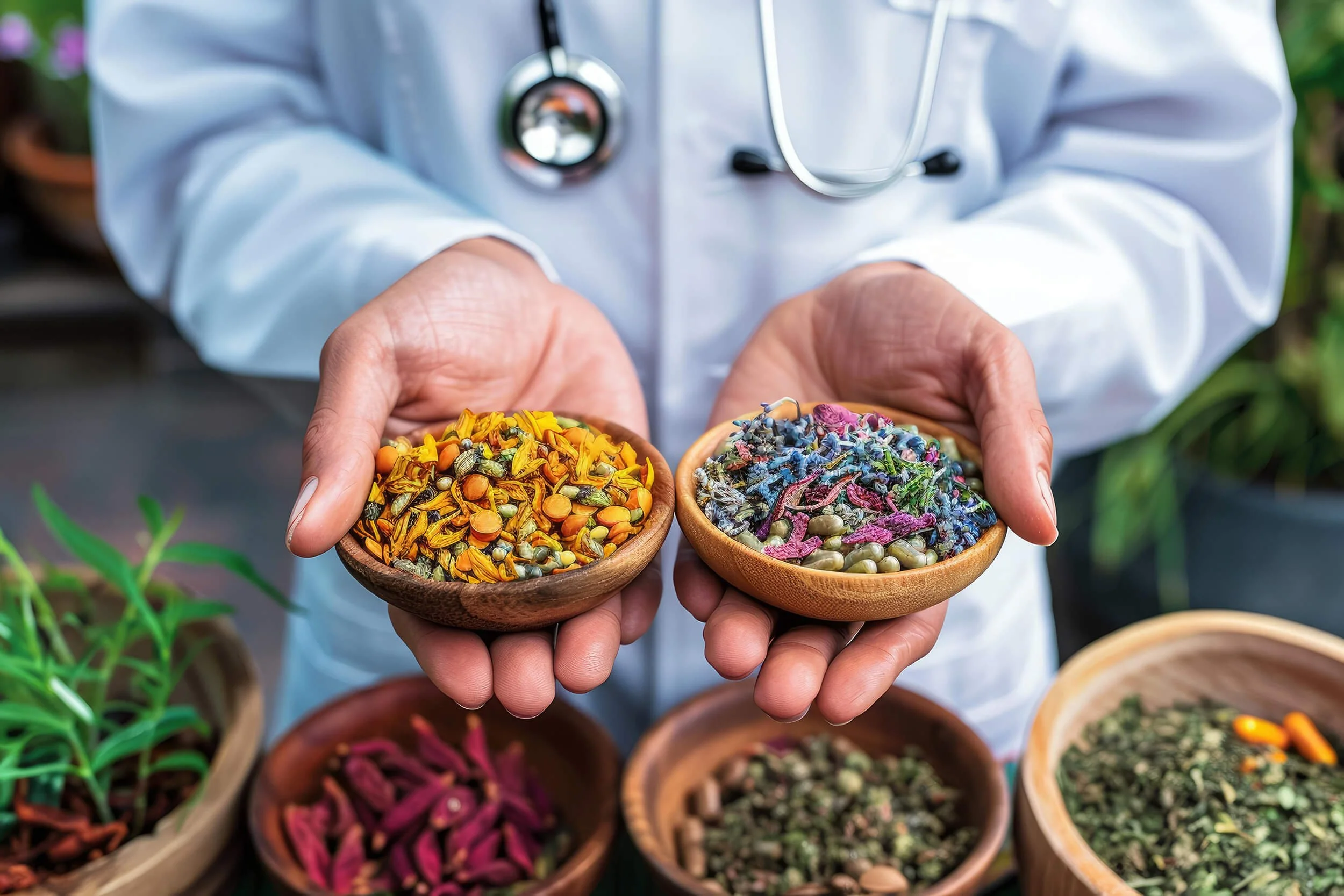 Naturopathic doctor holding herbs and spices as natural medicine at Healing by Nature in New Hampshire.