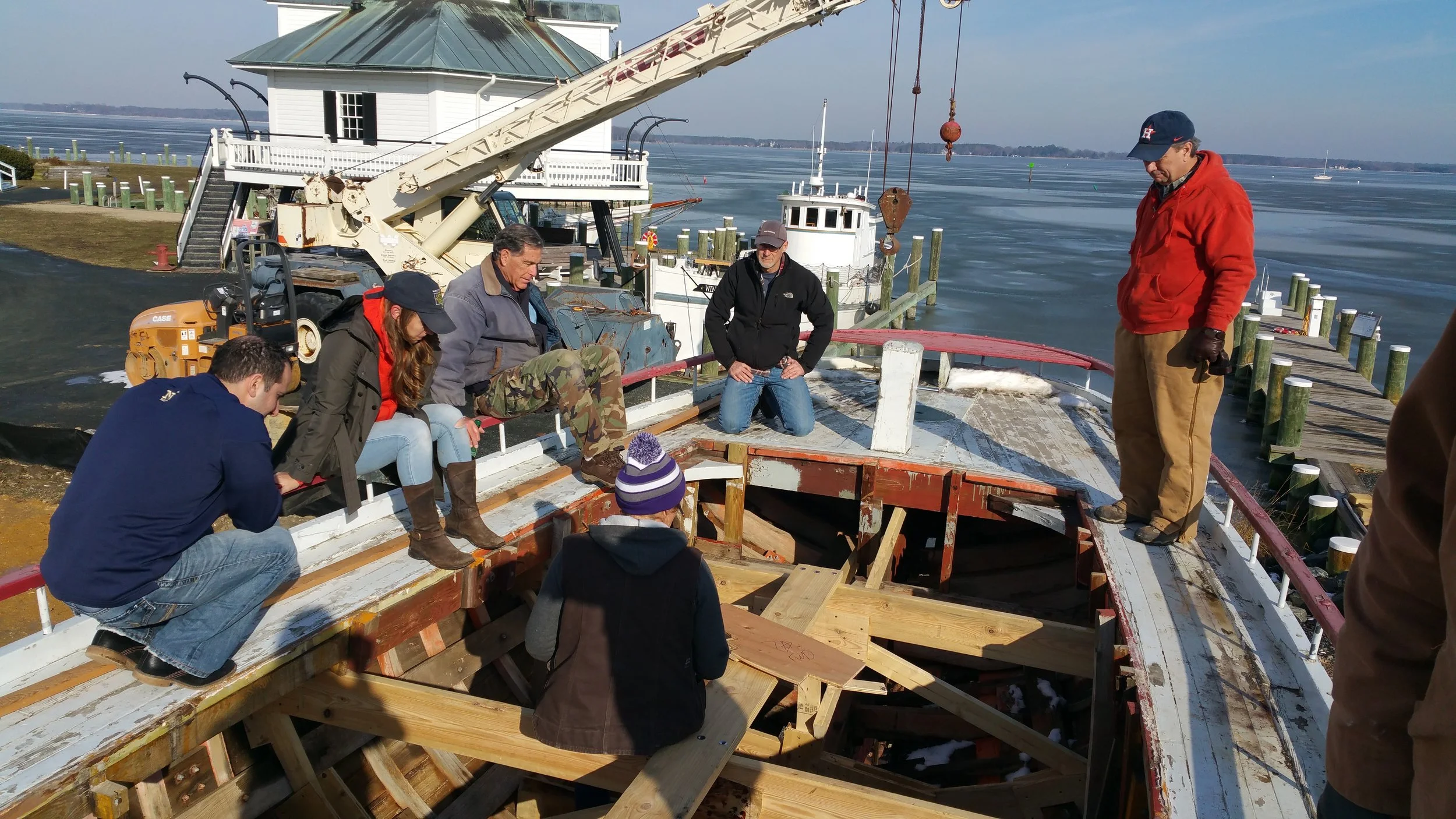 Upon completing what we could accomplish on lofting the keel we took a walk back to the shipyard and to Delaware. Climbing aboard we took a bit of time to examine her, explaining how to tell what parts of her have been repaired and why things may have been repaired the way they were. We also discussed some of the many things we have on our to do list.