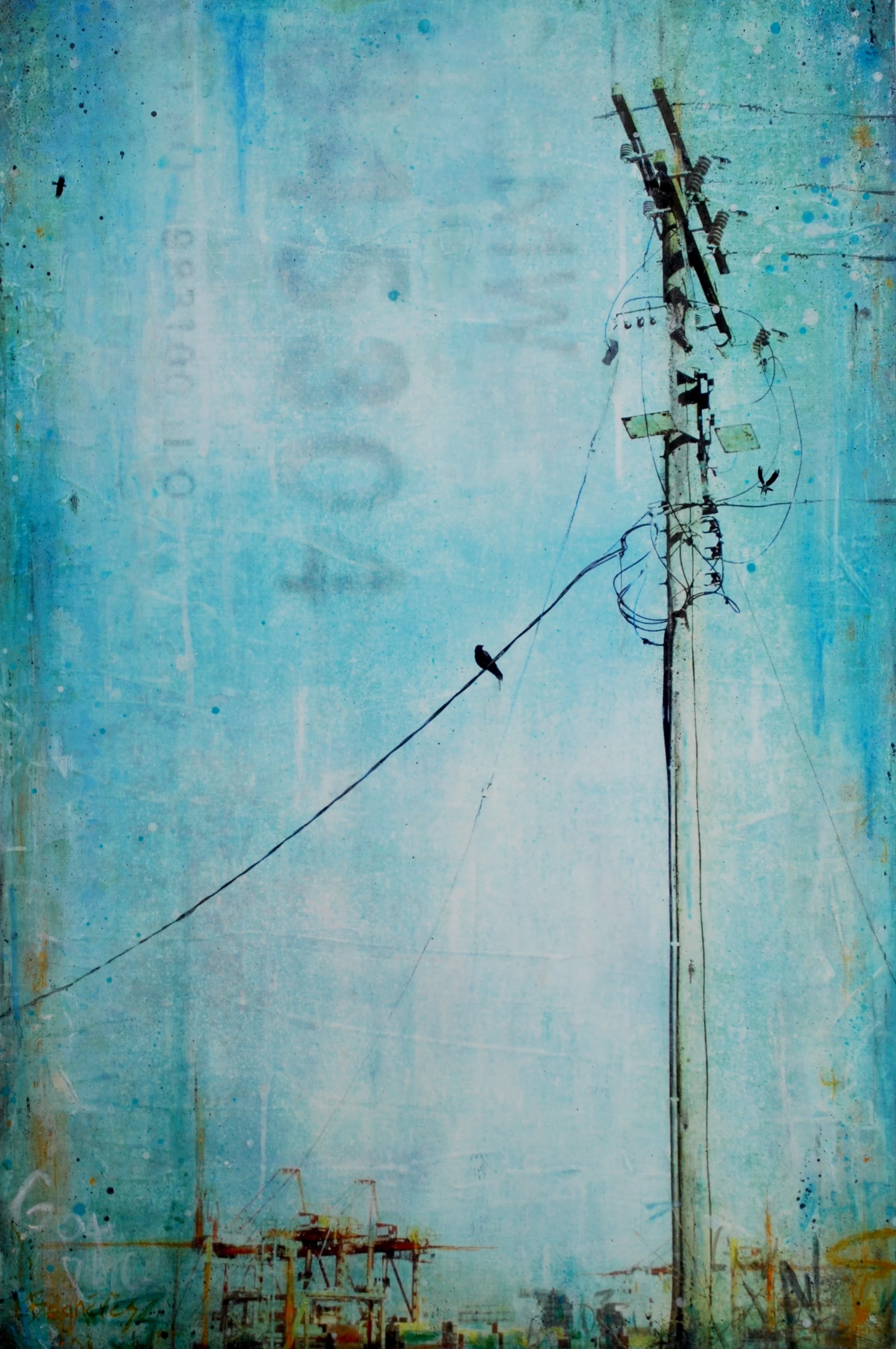 Cranes, Cables & Crows 2018, mixed media on cradled panel, 32x21 inches