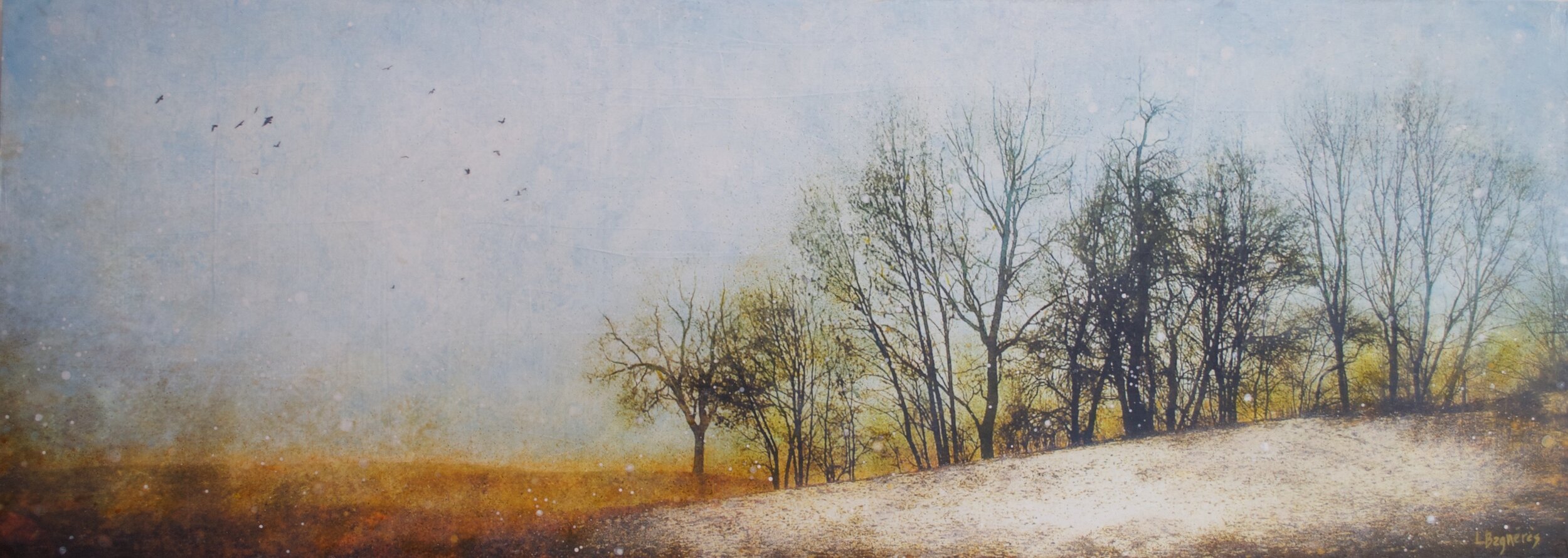 Haven 2021, mixed media on cradled panel, 17x47 inches, sold