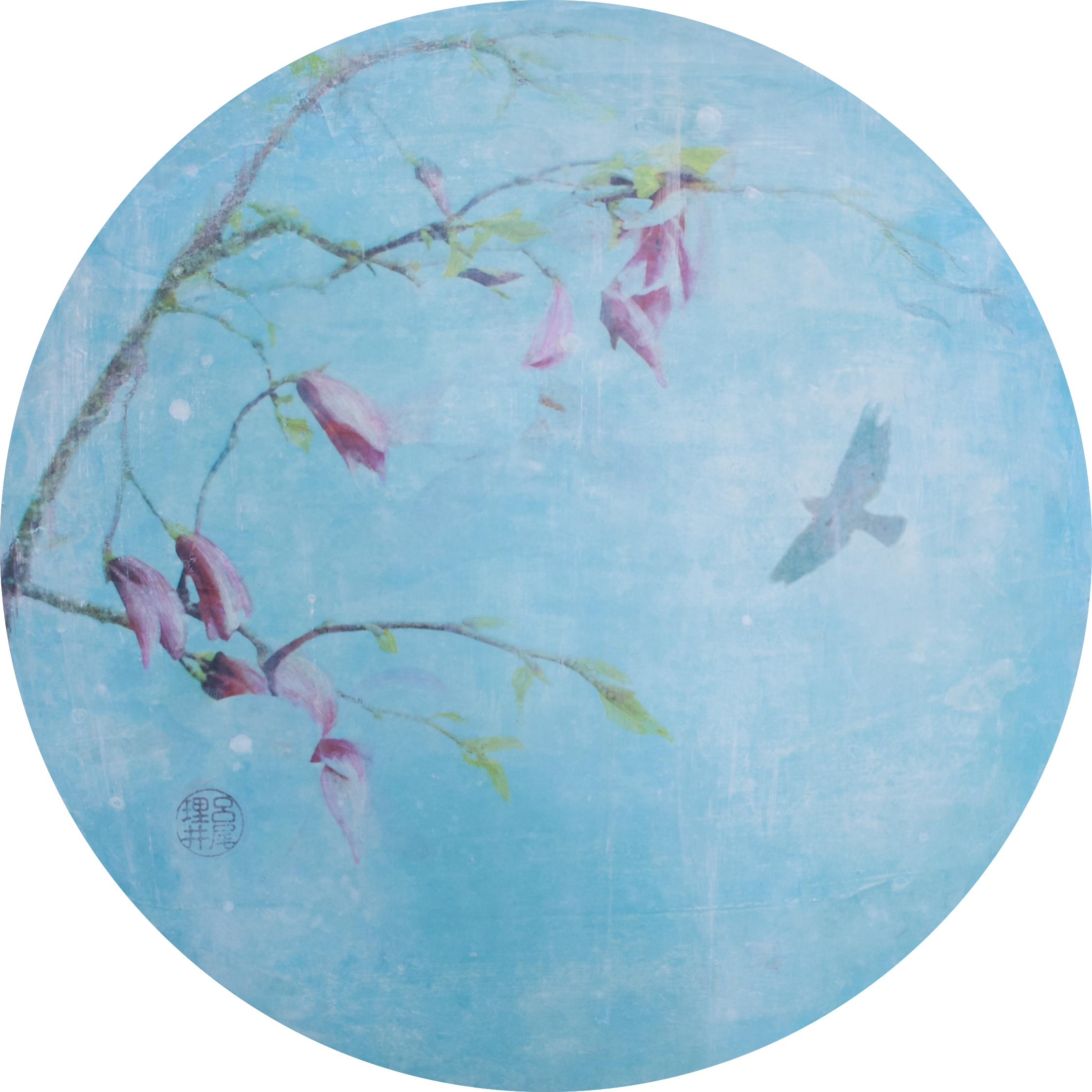   Aiko: Beloved One  2022, mixed media on cradled panel, 12 inch diameter 