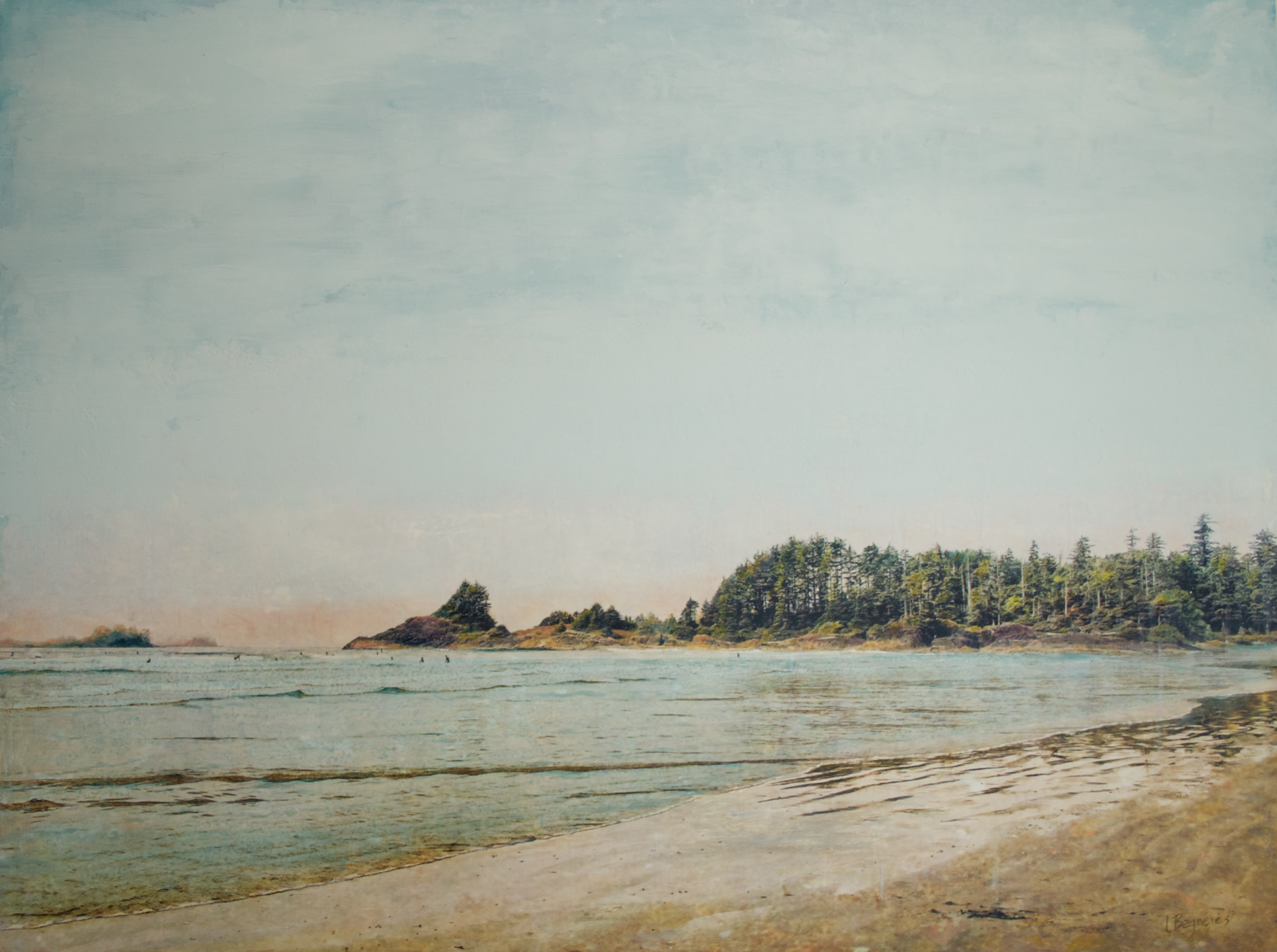 In The Pull Of The Tides , 2025 mixed media on cradled panel, 30×40
