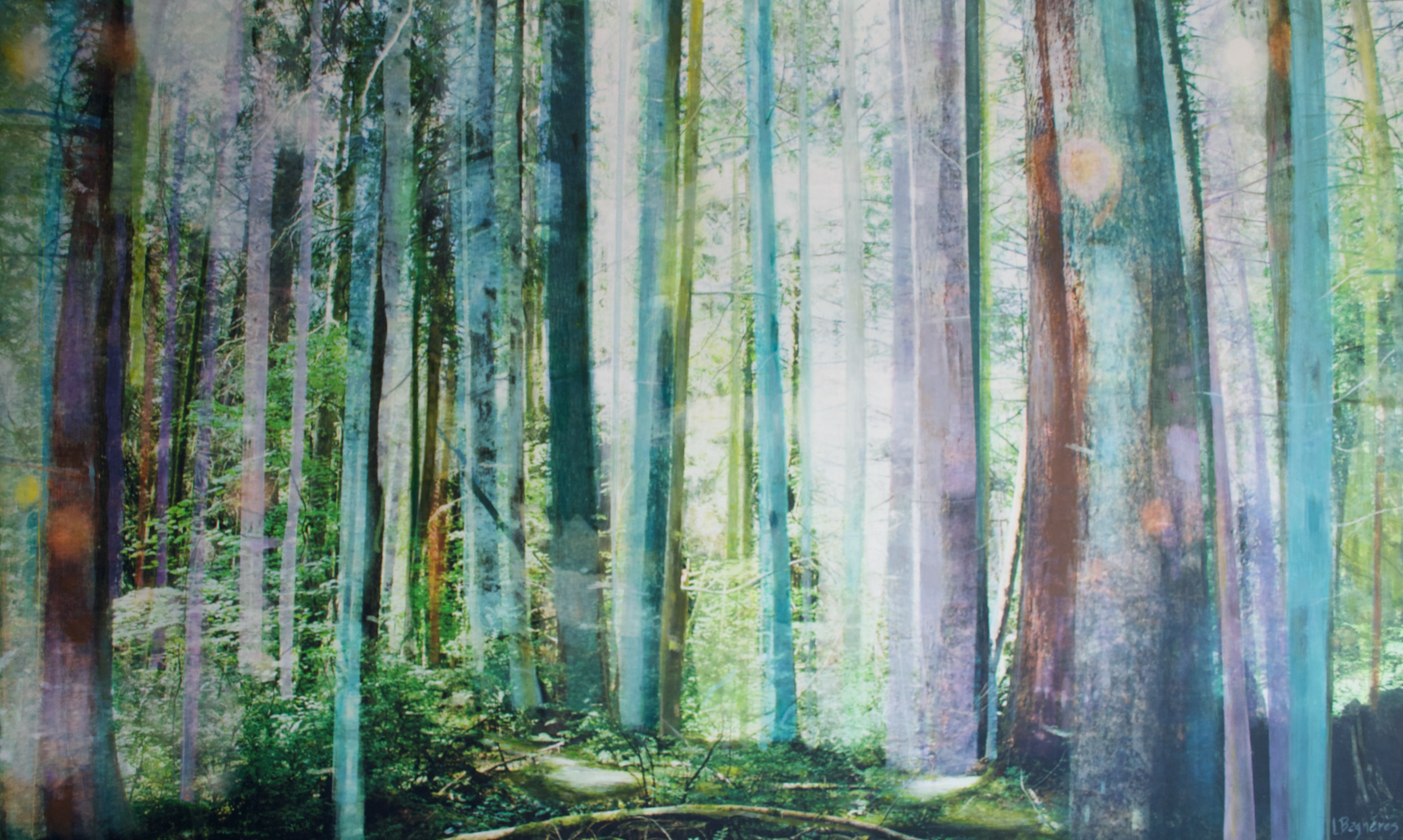   Here, There or Somewhere In Between  2025 Mixed media on birch panel, 36×60 inches 