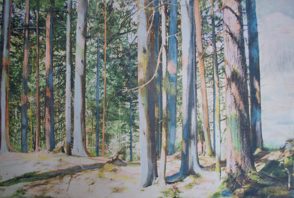   Segue - From Pines to Peaks  2026 Mixed media on birch panel, 24×36 inches 