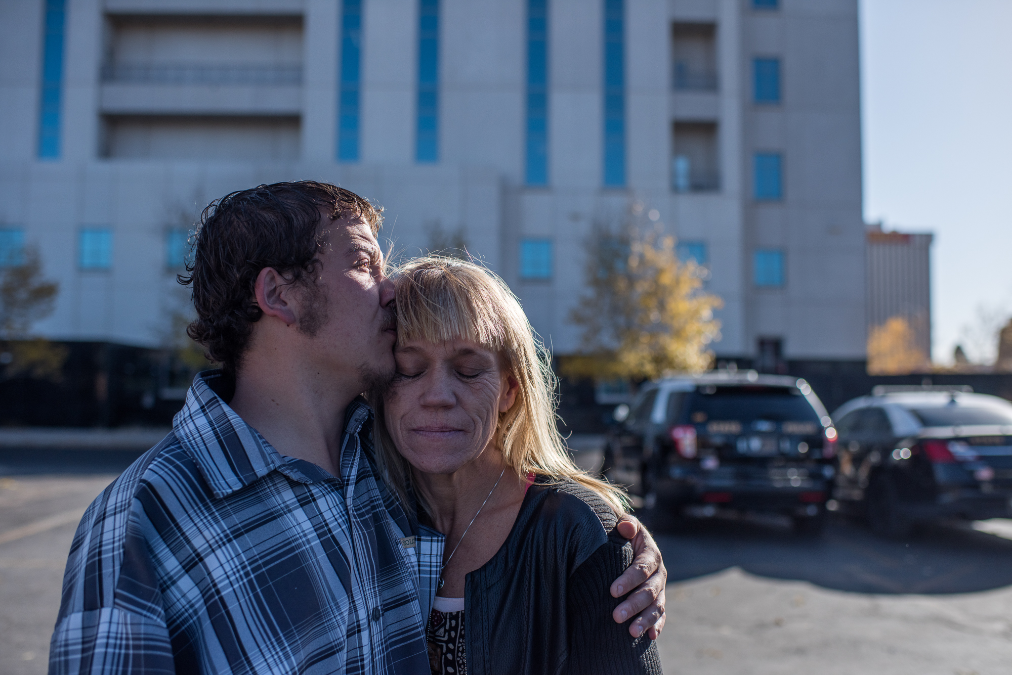  Vinny, age 18, holds his mom, Eve, and kisses her on the head after he is acquitted of punching his friend, who had hit his girlfriend’s nephew, 2017. 