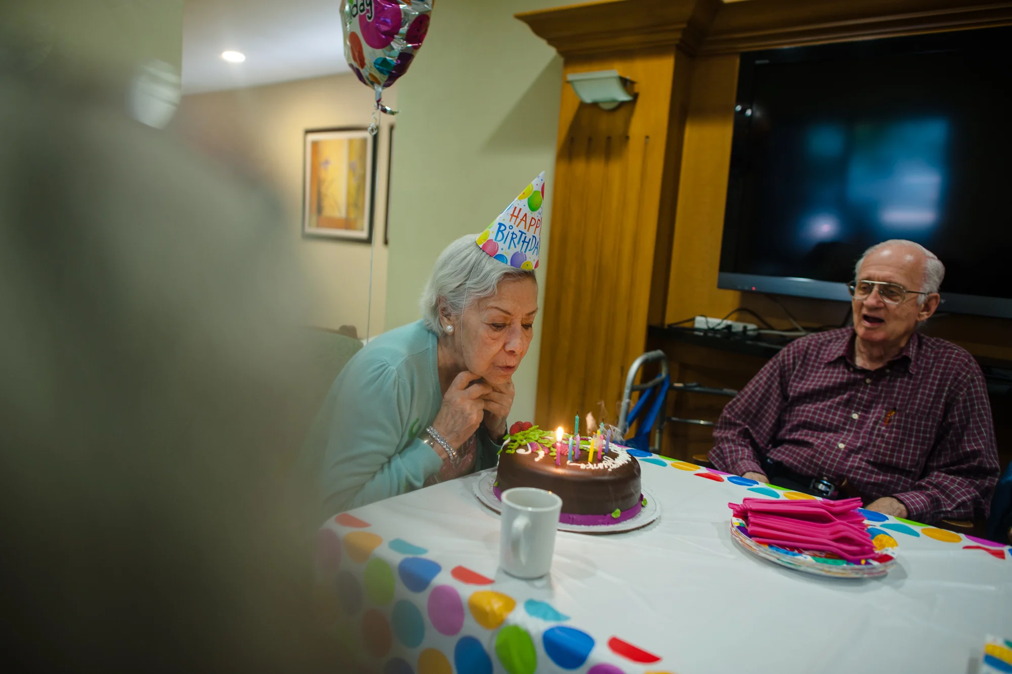 Bianca, age 87, blows out her candles, 2012.