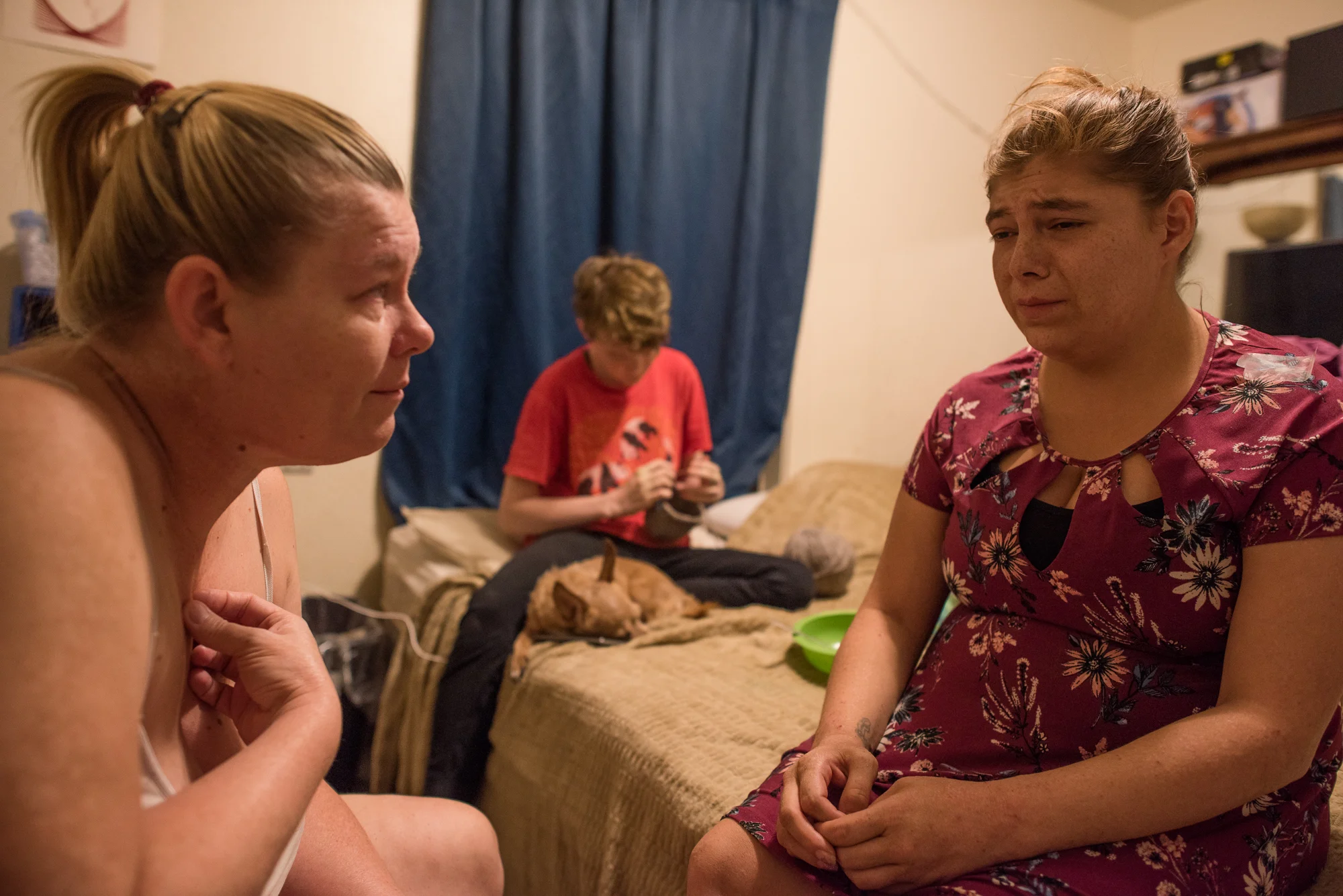 With Adrien knitting behind her, Delilah sits on Crystal’s bed and cries to her, sharing her grief and sadness with Crystal about “losing her baby” and not being able to raise her herself; Delilah asks Crystal if she thinks that she will get her daughter back and Crystal responds, “I am not going to lie to you.”