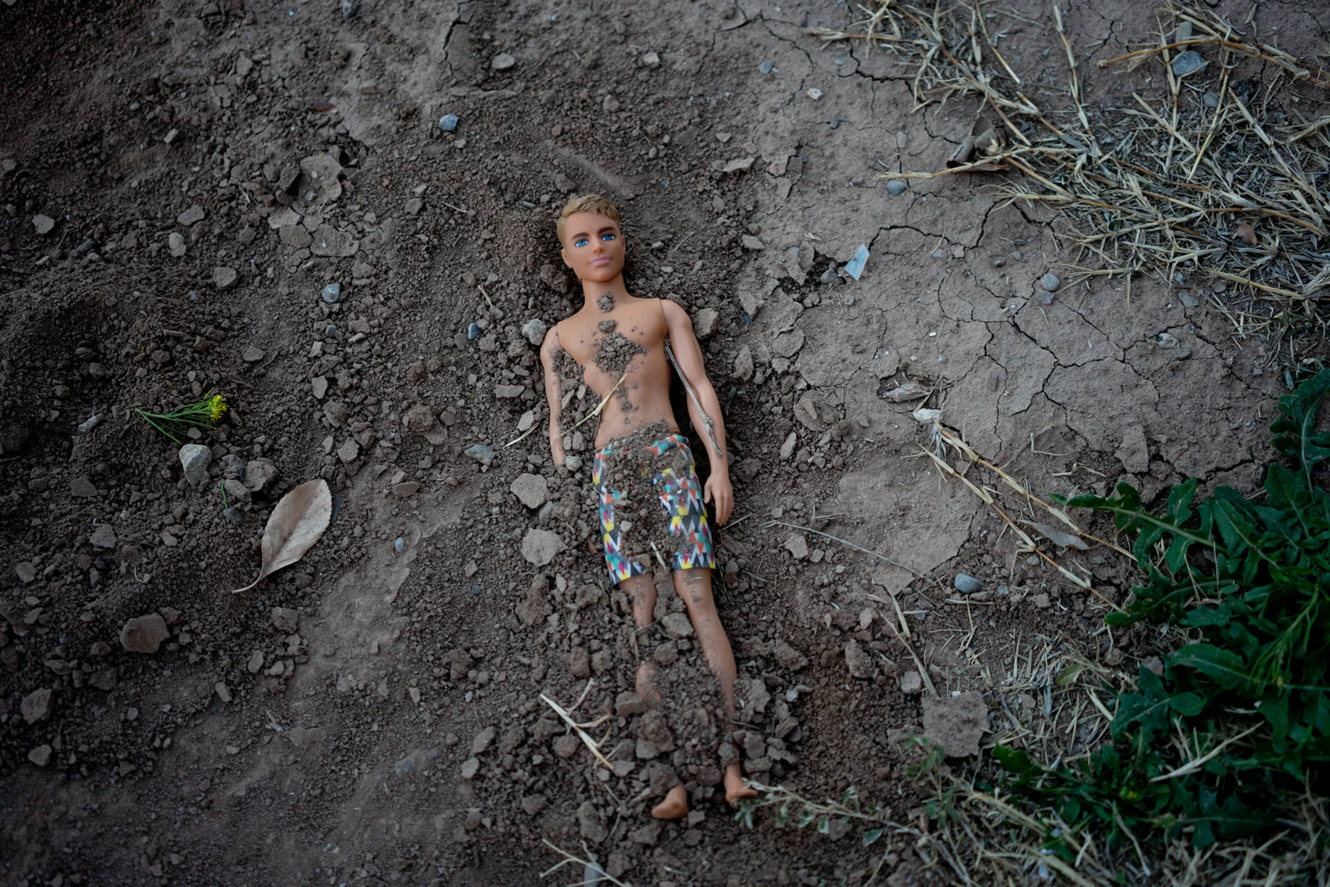 A Ken doll buried in the dirt outside the apartment where Delilah lives.