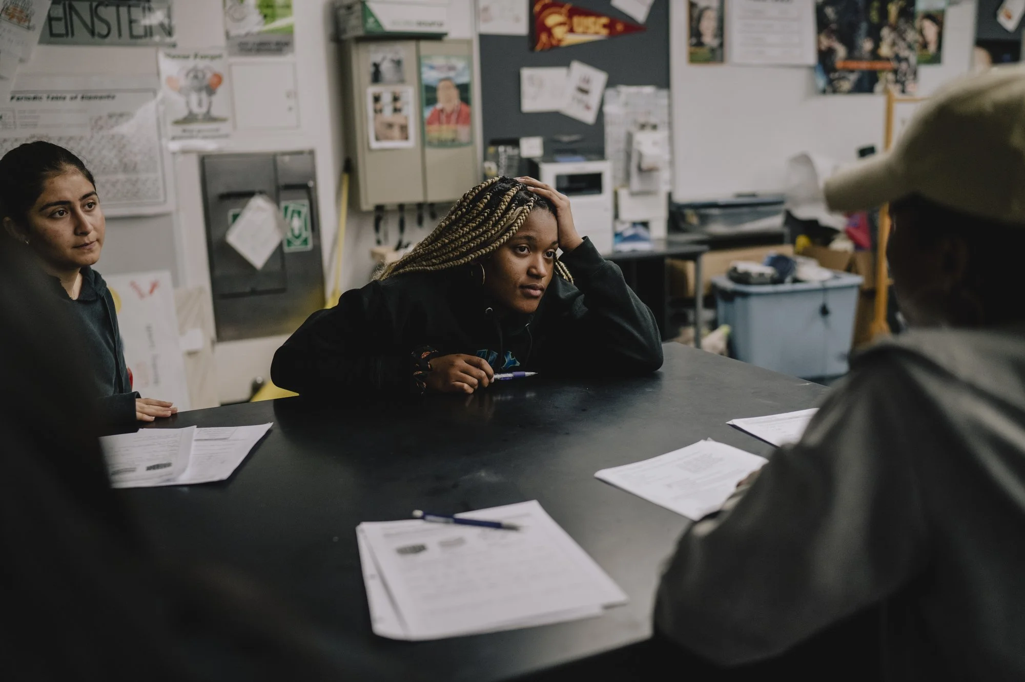  Kaelin, a student in the 10th grade, prepares to participate in a lab during Chemistry class at the UCLA Community School in Los Angeles, California; Kaelin has been a student at UCLA Community School since the 5th grade. 