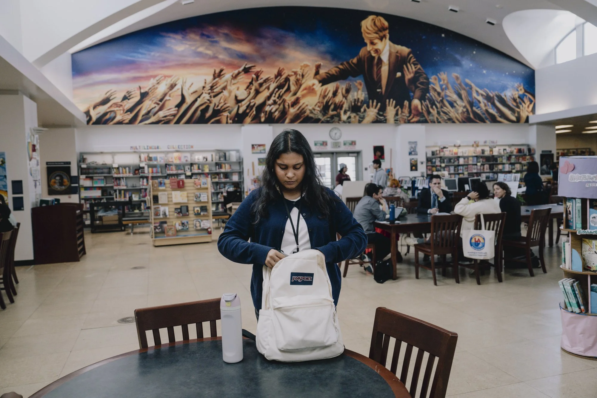  Sujana, a student in the 11th grade, stands in the library and prepares to give a tour of the campus. The UCLA Community School is housed in the former Ambassador Hotel where Robert F. Kennedy was assassinated in 1968.  “Most of the students, obviou