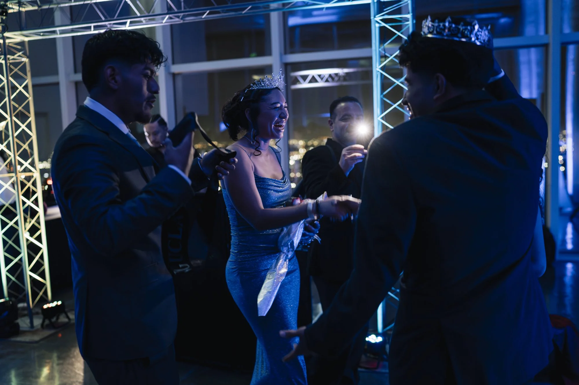  Javir and Adila react after they tie with another couple for Prom King and Queen at Senior Prom in Los Angeles, California. 