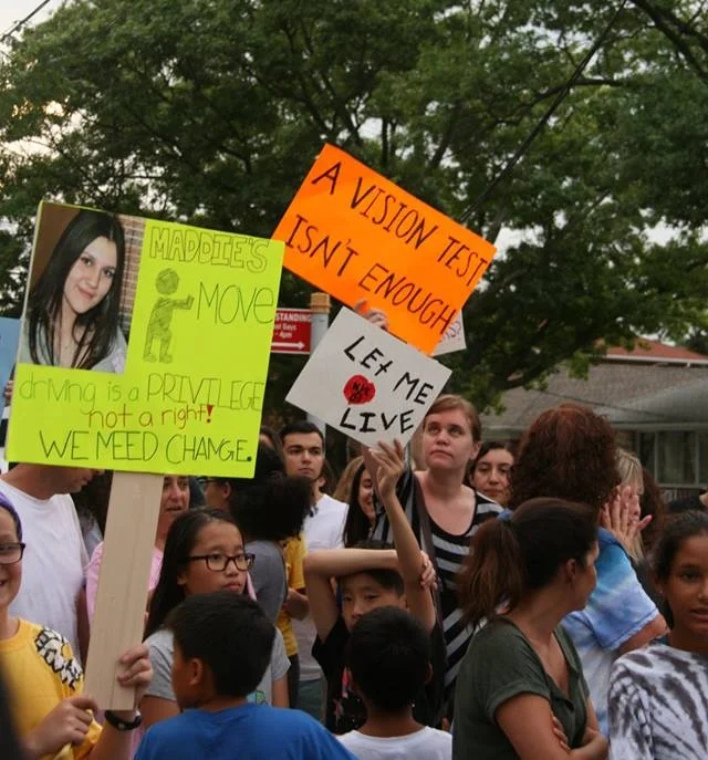 Demonstrators demand the testing for drivers 80 and older after high school senior Madeline Sershen was struck in killed by a Whitestone woman, 88, who ran a red light. Photo courtesy of Maddie’s Move